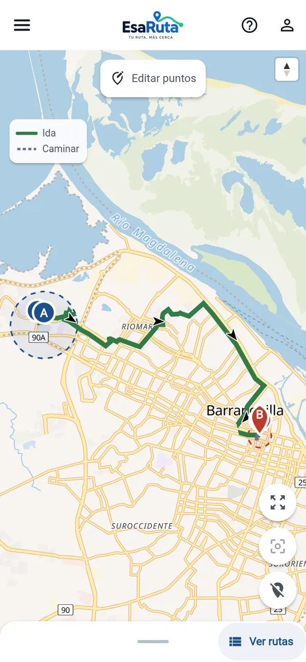 EsaRuta mostrando en el mapa el recorrido de un bus desde la Universidad del Norte hasta el Portal del Prado.